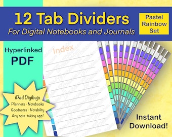 12 Tab Dividers, Digital Tabbed Page Dividers for GoodNotes, Notability, Index Included, Instant Download, Digital Journal Tabs, Pastels