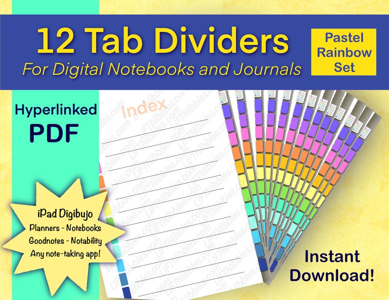 12 Tab Dividers, Digital Tabbed Page Dividers for GoodNotes, Notability, Index Included, Instant Download, Digital Journal Tabs, Pastels image 1