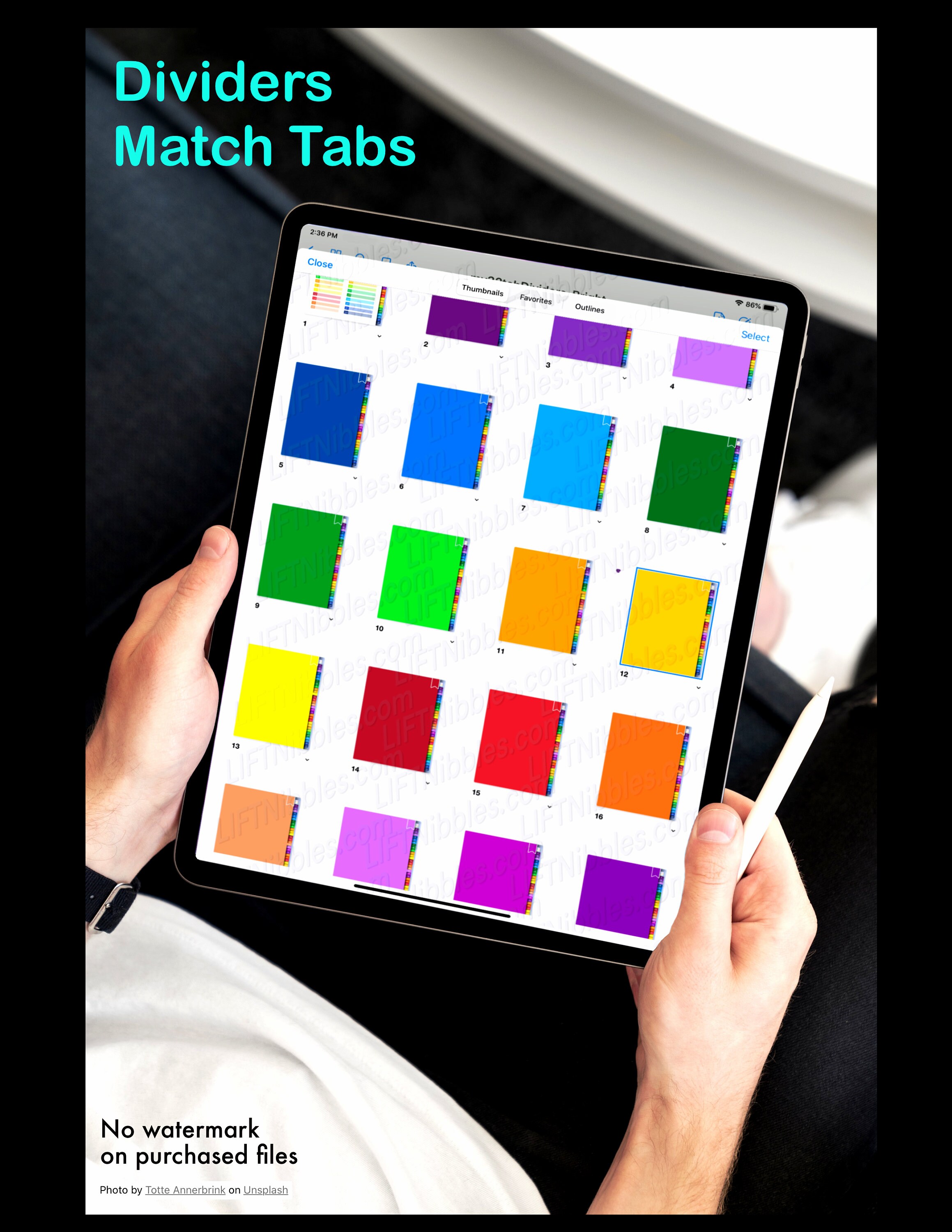 32 Tab Dividers, Matching Pastel Writing Pages, Digital Tabbed Page