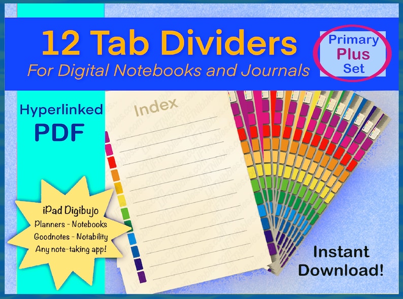 12 Tab Dividers, Digital Tabbed Page Dividers for Goodnotes, Notability