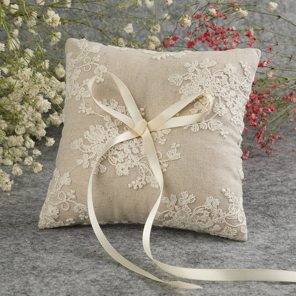 rustic ring bearer pillow, linen ring bearer pillow, lace ring bearer pillow, wedding ring pillow, lace ring pillow