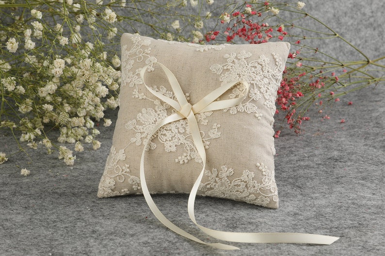 rustic ring bearer pillow, linen ring bearer pillow, lace ring bearer pillow, wedding ring pillow, lace ring pillow image 1