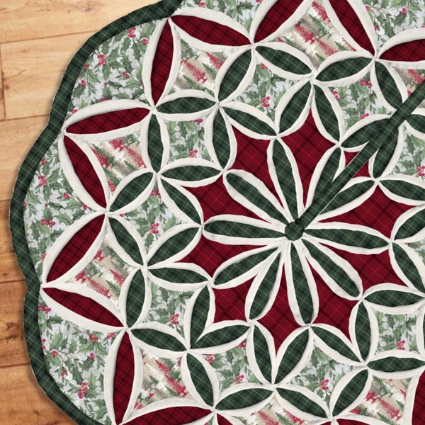 Cathedral Window Christmas Tree Skirt tutorial. PDF download + printable patterns + Video tutorial.