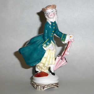 May include: A porcelain figurine of a woman in a teal dress and a brown hat holding a pink umbrella. The figurine is standing on a white base with a gold trim.