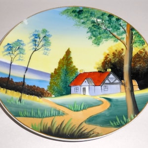 Vintage 1950s Japan Hand Painted Scenic Woodland Cabinet Plate - signed