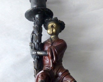 Vintage 1950's Cast Iron Candlestick Holder Chinese Boy with Flower Stalk