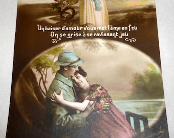 1919 WWI France Romantic Colored Photo Postcard Soldier and Woman Flowers of Love