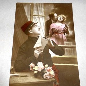 1915 WWI France Colored Romantic Photo Postcard Soldier Sends Letter to Sweetheart