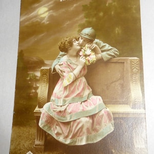 1918 WWI France Colored Photo Romantic Postcard Soldier and Lover Under the Moon