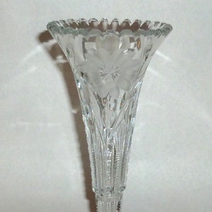 Stunning Clear Cut and Etched Crystal 8&quot; Flower Vase with Saw Tooth Rim and Serrated Handiwork down the Stem