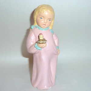 Antique 5 1/2&quot; Plaster Figurine Singing Little Girl in Nightdress with Candle