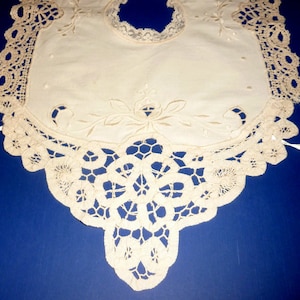 Antique Baby or Doll Hand Embroidered & Crocheted Ecru Dress Bib
