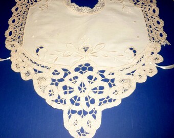 Antique Baby or Doll Hand Embroidered & Crocheted Ecru Dress Bib