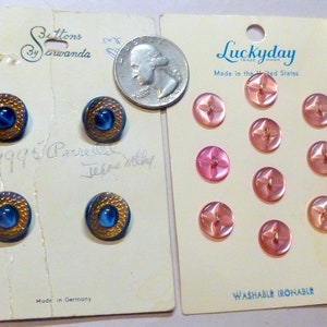 2 Vintage Full Cards Buttons – Made in Germany Blue Glass & USA Pink Plastic
