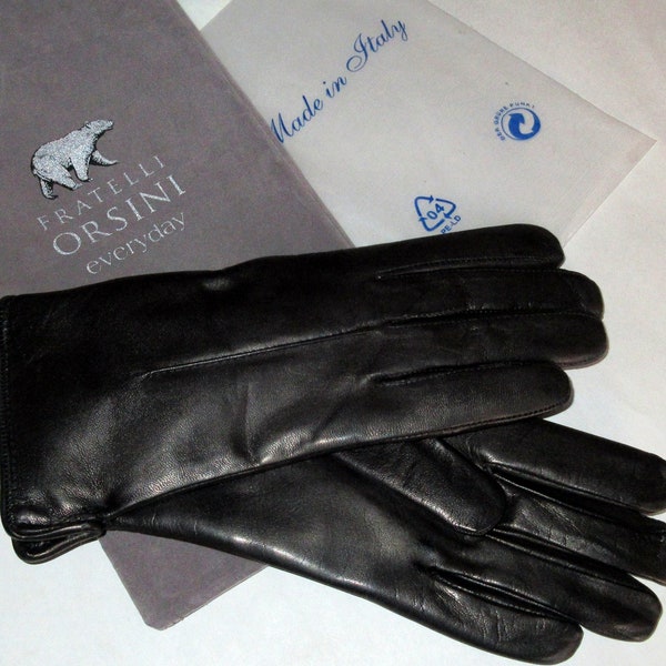 Fratelli Orsini Italy MIB Ladies Rabbit Lined Black Lamb Leather Gloves size 7.5