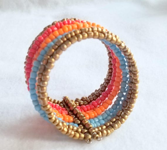 Memory Wire Wrap Bangle Orange - Red - Blue - Gol… - image 5