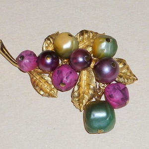 Vintage 3&quot; long Funky Fruit Salad 1950&#39;s ART Purple Green Pink Brooch