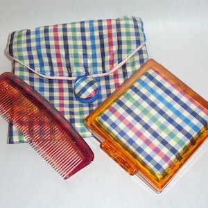 Vintage 1960s Powder Compact & Comb Set in Plaid Silk Pouch