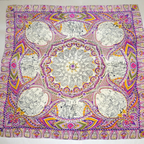 Vintage 34” Purple Silk Scarf with Indian Maharajah Design & Hand Rolled Edges