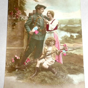 Antique WWI France Colored Romantic Photo Postcard Soldier Village Lass and Child