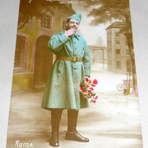 1921 WWI France Colored Photo Postcard Soldier Sending Kisses Home