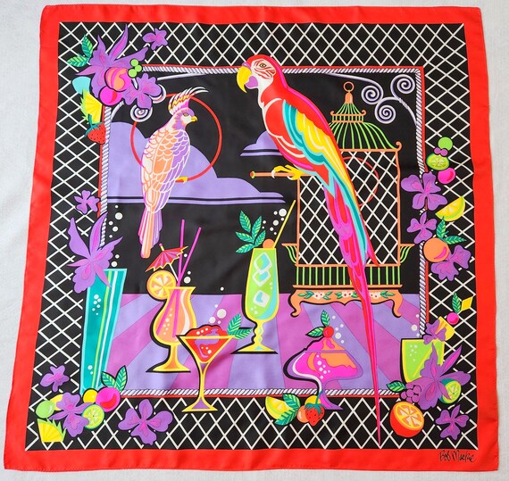 FAB Vintage 40” Bob Mackie Silk Scarf Parrots Drin