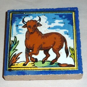 Vintage Holland 3&quot; Decorative Polychrome Ceramic Tile Prancing Bull