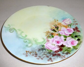 Antique Amateur American Hand Painted Baby Pink Roses Porcelain Cabinet Plate