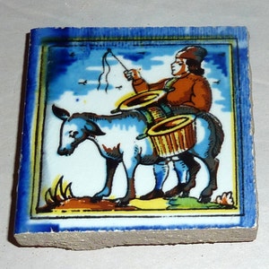 Vintage Holland 3&quot; Small Polychrome Tile Man Takes Cow to Market