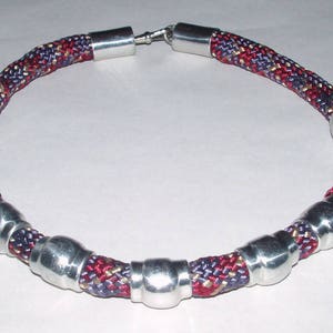 Necklace Choker Woven Red Blue Silk Rope with Metal Ring Bands