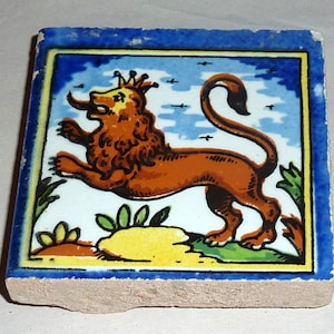 Vintage Holland 3&quot; Decorative Polychrome Ceramic Tile - Rampant Roaring Crowned Lion