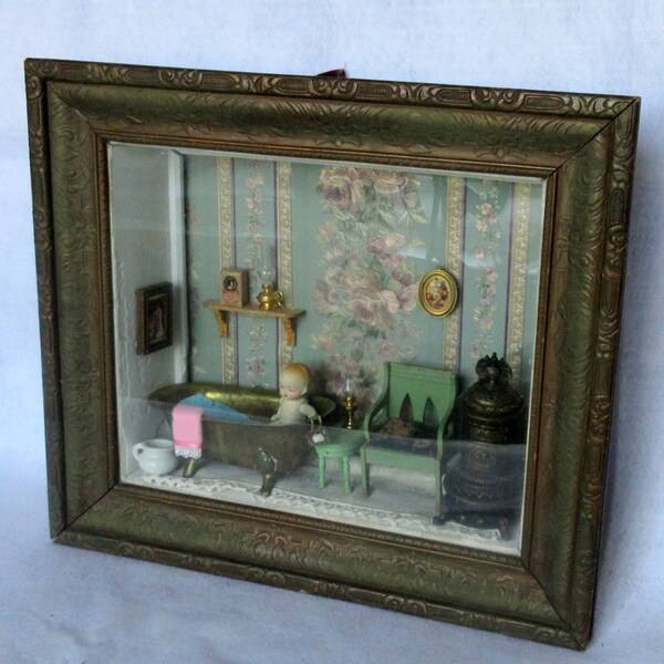 Antique 16" X 14" Diorama Shadow Box Victorian Baby Bathtime