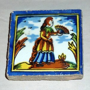 Vintage Holland 3&quot; Small Polychrome Ceramic Tile ~ Woman with Fan