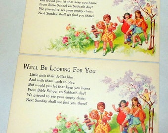 Vintage 1940's Children's Church Sunday School Postcards - We'll be Looking for You!