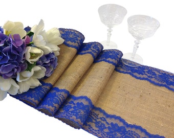 Burlap Table Runner, ROYAL BLUE Lace - Wedding Table Runner - 12" Width; Lace on Edges - Country Home Decor, Farmhouse Decor, Rustic Wedding
