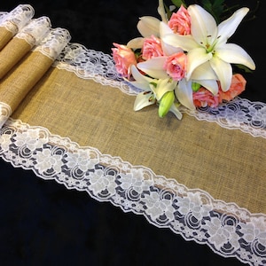 Rustic Table Runner - Burlap and WHITE Lace Wedding Table Runner; 14&quot; Width; Lace on Edges; Country Home Decor, Farmhouse Decor, Shabby Chic