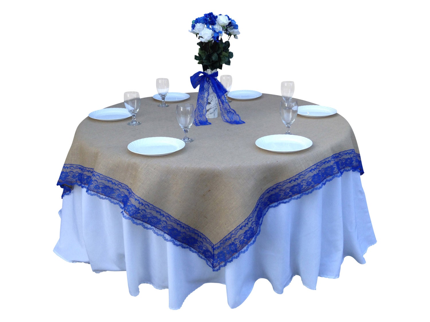 42 X 42 Inches Burlap ROYAL BLUE Lace Edged Table Overlay Etsy