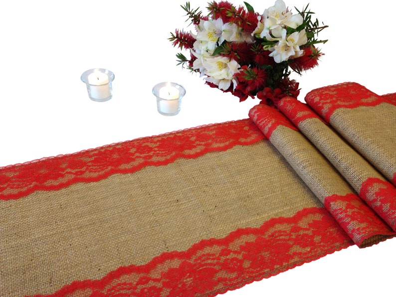 Burlap Table Runner Lace on Edges Shabby Chic Rustic Wedding Table Runner Country Farmhouse Home Decor 16-30 Ft 12 Width RED Lace