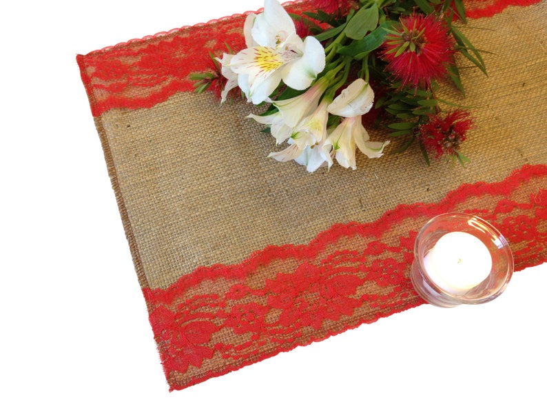 Burlap Table Runner Lace on Edges Shabby Chic Rustic Wedding Table Runner Country Farmhouse Home Decor 16-30 Ft 12 Width RED Lace