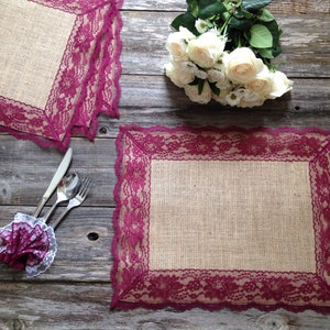 Rustic Placemats - Burlap and BURGUNDY RED/WINE Lace - Wedding Placemat, Rustic Country Wedding, Country Home Decor, French Country Cottage