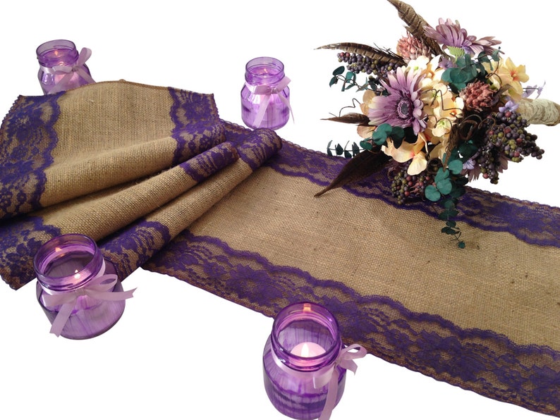 Burlap And Dark Purple Lace Table Runner Rustic Wedding Image 0