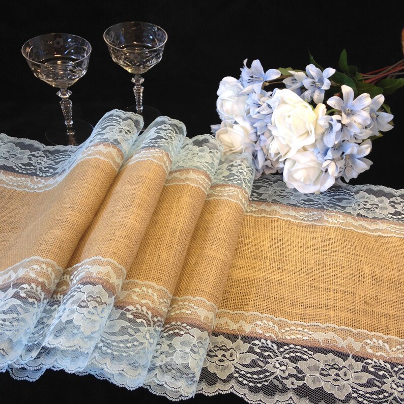 Burlap Table Runner LIGHT BLUE Lace Wedding Table Runner Etsy