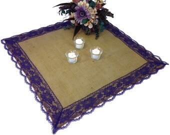 Burlap DARK PURPLE Lace-Edged Table Topper/ Table Overlay/Placemat/Table Square/Tablecloth - Rustic Wedding, Country Home Decor, Farmhouse
