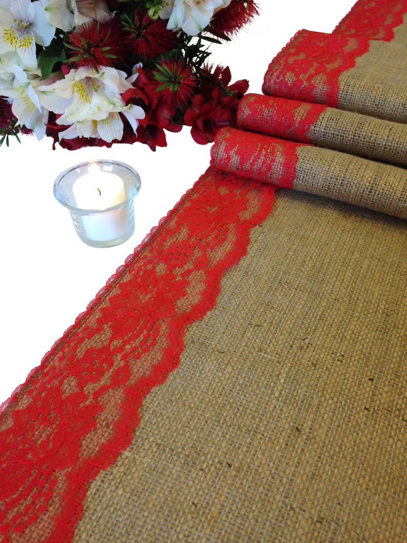 Burlap Table Runner Lace on Edges Shabby Chic Rustic Wedding Table Runner Country Farmhouse Home Decor 16-30 Ft 12 Width RED Lace