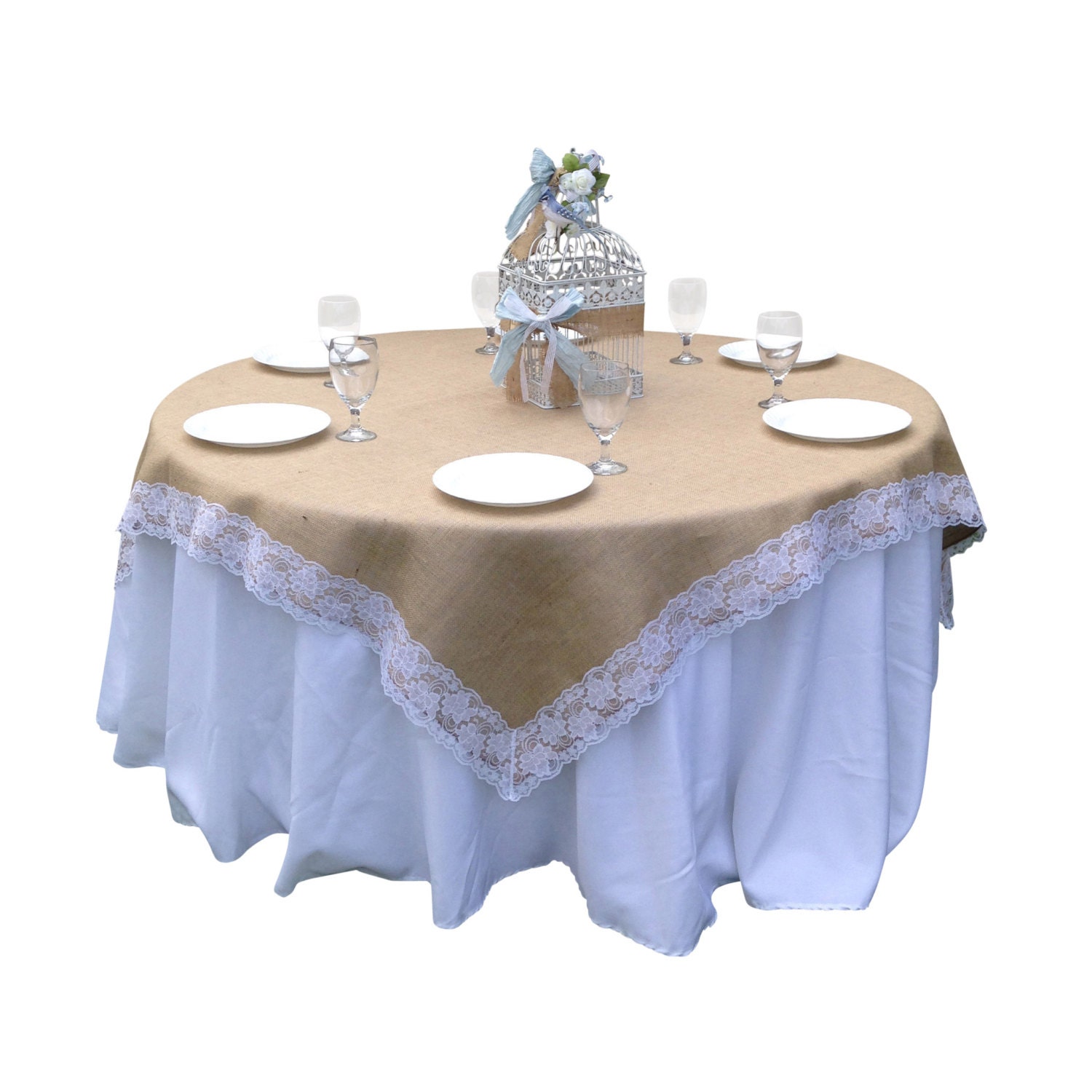 48 X 48 Inches Burlap And WHITE Lace Table Overlay Etsy