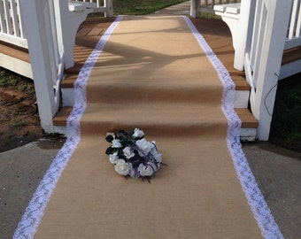 25 Ft Burlap and Lace Aisle Runner - WHITE Lace - Rustic Wedding - Country Wedding - Barn Wedding - Farm Wedding - Beach Wedding