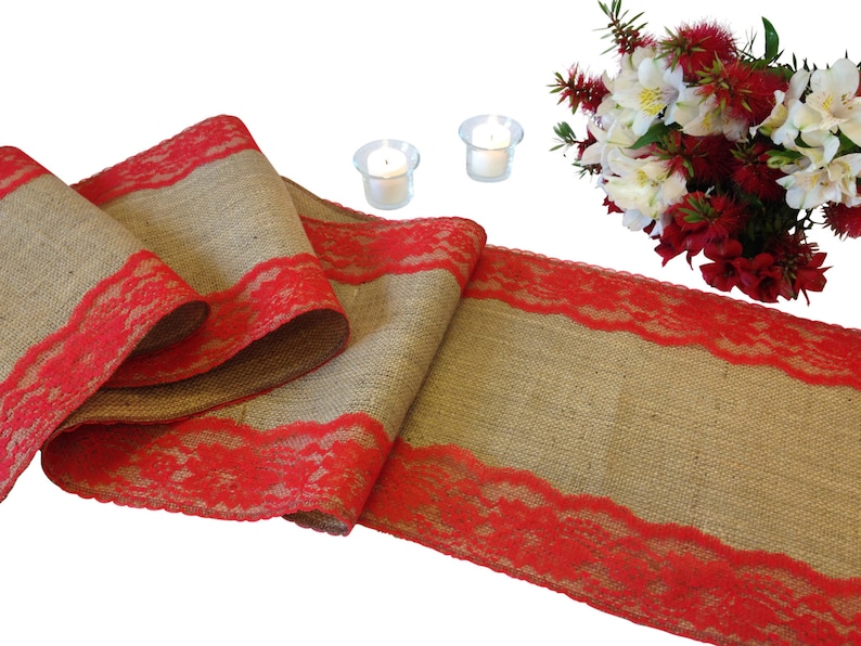 Burlap Table Runner Lace on Edges Shabby Chic Rustic Wedding Table Runner Country Farmhouse Home Decor 16-30 Ft 12 Width RED Lace