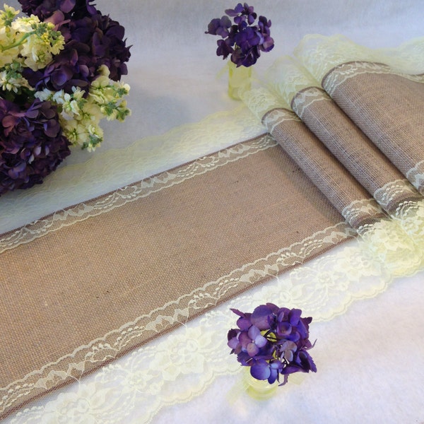 Rustic Table Runner -Burlap and MAIZE YELLOW Lace Wedding Table Runner/Yellow Wedding; 14" Width; Lace Edges; Country Farmhouse, Shabby Chic