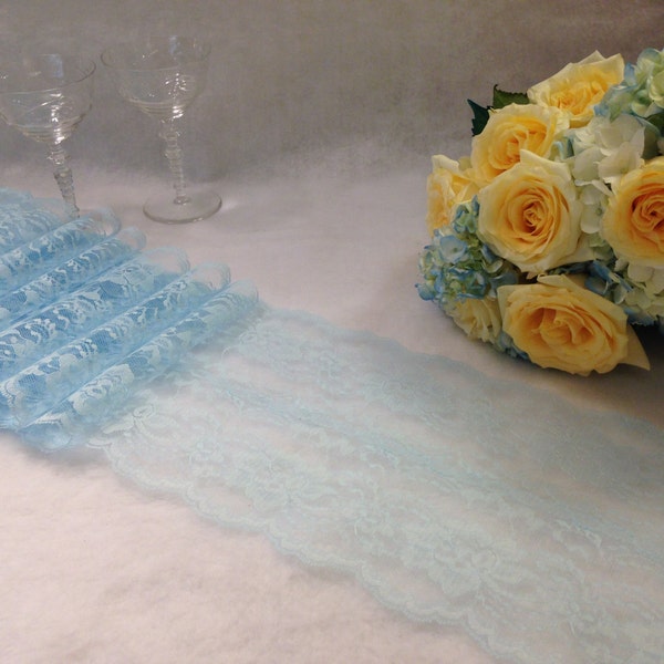 LIGHT BLUE Lace Table Runner - 7.5" Width; Blue Wedding/ Elegant Wedding Table Runner/Lace Table Topper/Lace Table Overlay - Country Wedding