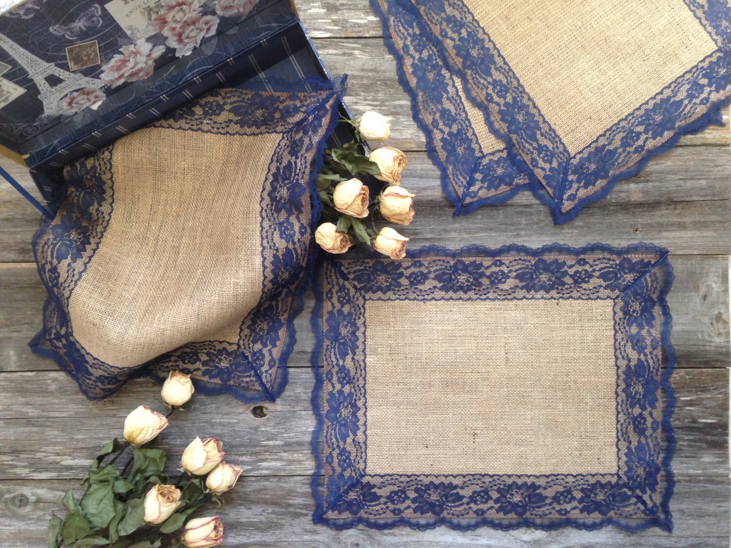 Burlap Placemats with NAVY/DARK BLUE Lace Country Wedding Etsy